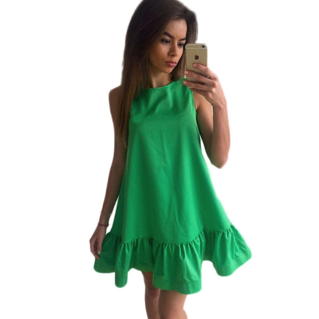 2021 New Hot Summer Fashion Sleeveless O-Neck  Women Dress Loose Casual Solid Color Ruffles Sweet Cute Mini Dress Vestidos 2XL