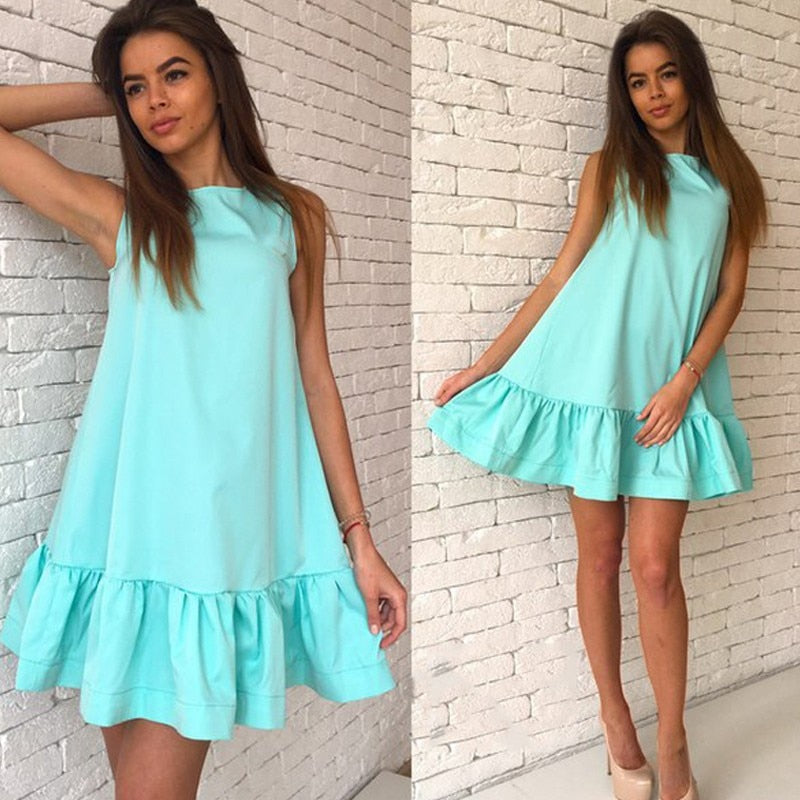 2021 New Hot Summer Fashion Sleeveless O-Neck  Women Dress Loose Casual Solid Color Ruffles Sweet Cute Mini Dress Vestidos 2XL