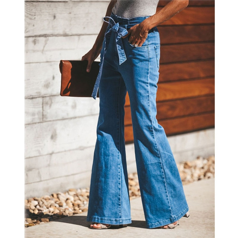 Blue Tie Waist Flare Jeans