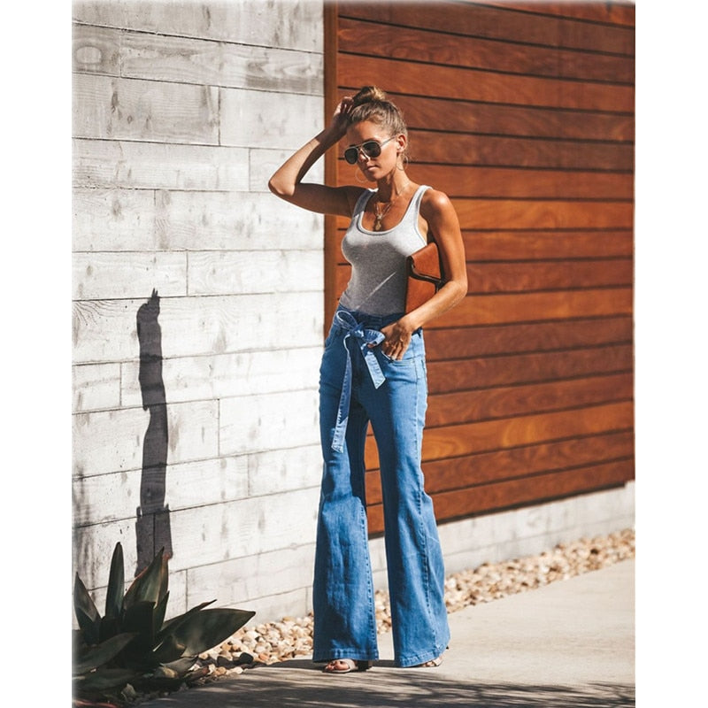 Blue Tie Waist Flare Jeans