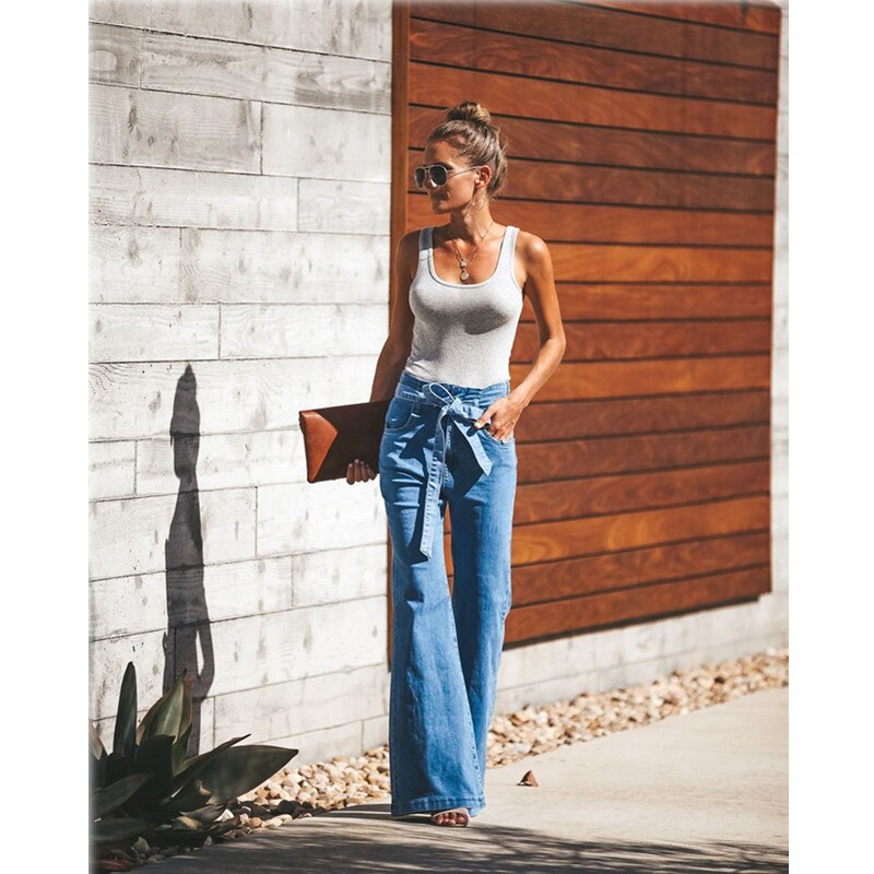 Blue Tie Waist Flare Jeans