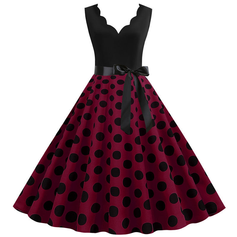 Polka Dot Print Vintage Women Summer Dress Black Patchwork Sleeveless V neck Elegant Party Dresses Casual Robe Midi