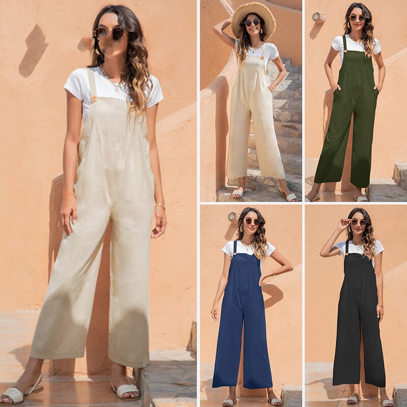 Overalls For Women Spaghetti Strap Long Playsuit Vintage Wide Leg Casual Rompers 2022 Spring Black Jumpsuits With Pocket