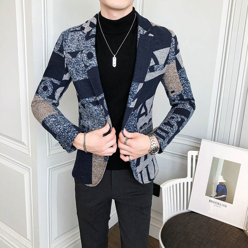 Big Letter Print WoolBlend Tweed Blazer Men 2020 Fall Winter Art Men Blazer Jacket Slim Fit Party Prom Club Pattern Blazer Homme