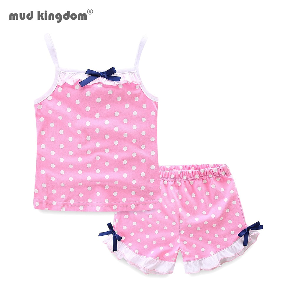 Mudkingdom Summer Girls Pajamas Set Cotton Lace Cute Polka Dots Ruffle Girl Outfit Pajamas Camisole Kids Clothing Shorts Set