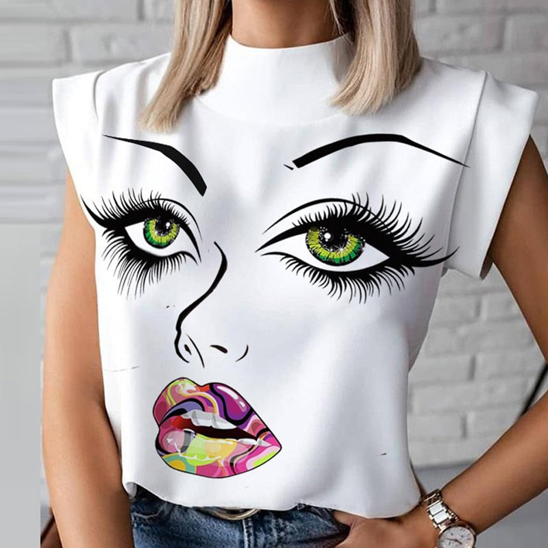 Fashion Women Lips Eyelash Print Sleeveless Blouses Shirts 2020 Summer Ladies Elegant Office Lady Casual Tops Blusa Streetwear