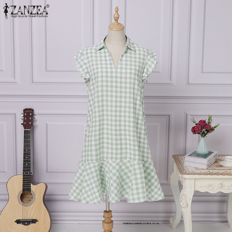 Women Fashion Mini Sundress ZANZEA Elegant V Neck Casual Plaid Print Short Dresses  2022 Summer Sleeveless Ruffle Dress