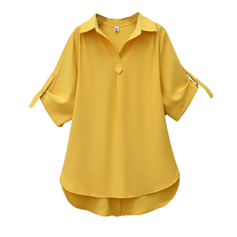 Plus Size Women Solid color Loose Blouse Short Sleeve Turn-Down Collar Button Shirts Chic Oversized Casual Office Mid-length top