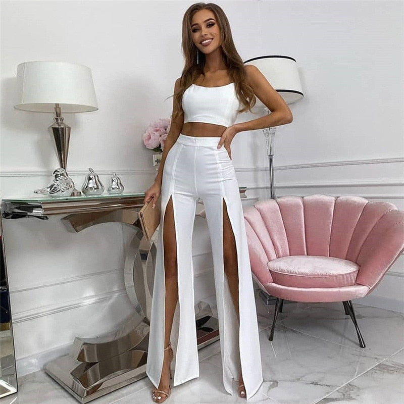 CNYISHE Pants Women Sexy Midnight High Slit Flare Pants Women Bottoms White Black High Waist Trousers Female Bell Bottoms Casual