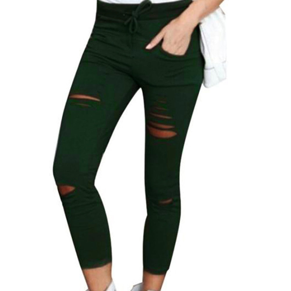 Solid Color Womens trousers Drawstring-High Waist  Skinny Ripped