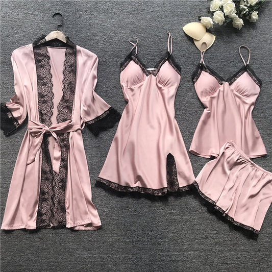 Pajamas for Women Pijama Mujer 4 Piece Set Sexy Ladies Pyjama Sleepwear Women Pajama Sets Sleep Lounge with Chest Pads Home Wear