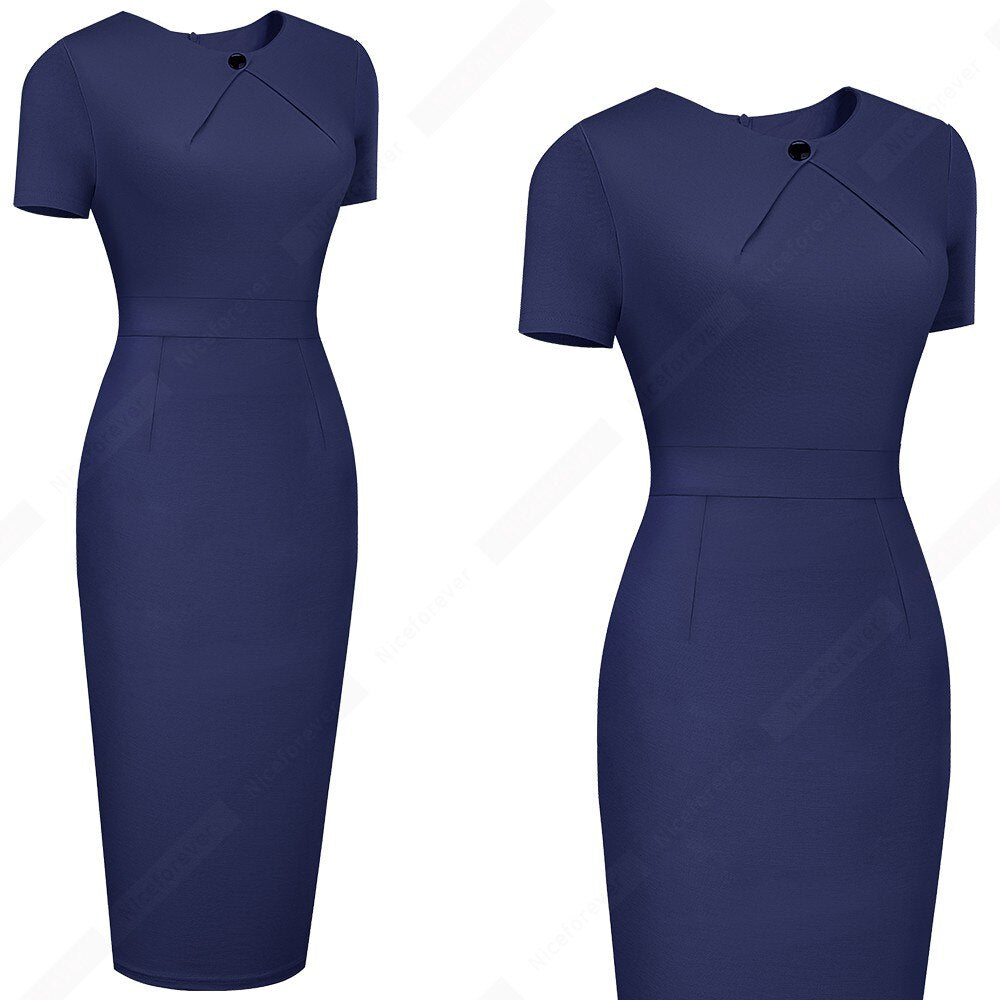 Women Summer Office Solid Color Round Neck Button Lady Slim Fitted Pencil Dress HB640