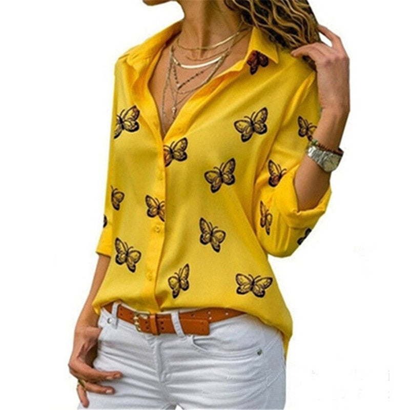 Fashion Butterfly Print Casual Blouse Long Sleeve Elegant Women Tops Single Row Button Streetwear Ladies Black White Shirt