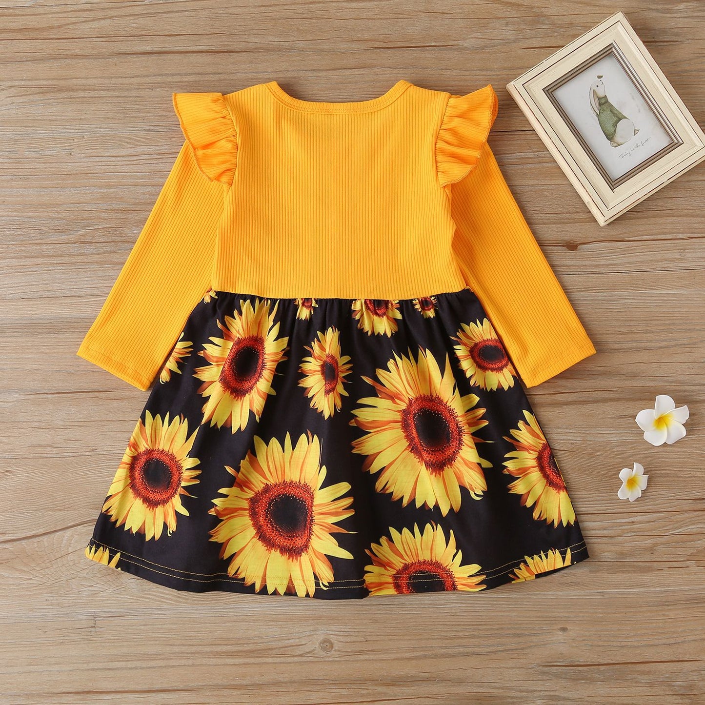 Mudkingdom Long Sleeve  Dresses for Little Girls Sunflower Pattern Print Ruffle Bow Girls Casual Dress for Kids Clothing Spring