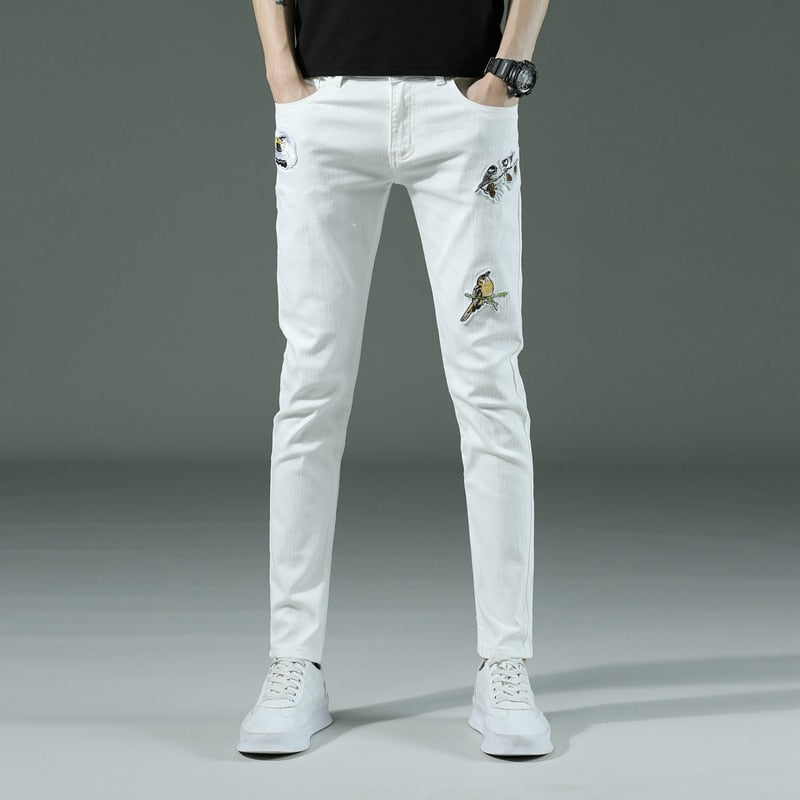 Spring summer New Men&#39;s thin slim White jeans Stretch Embroidery decoration Denim men fashion trousers male Brand Pants chinos