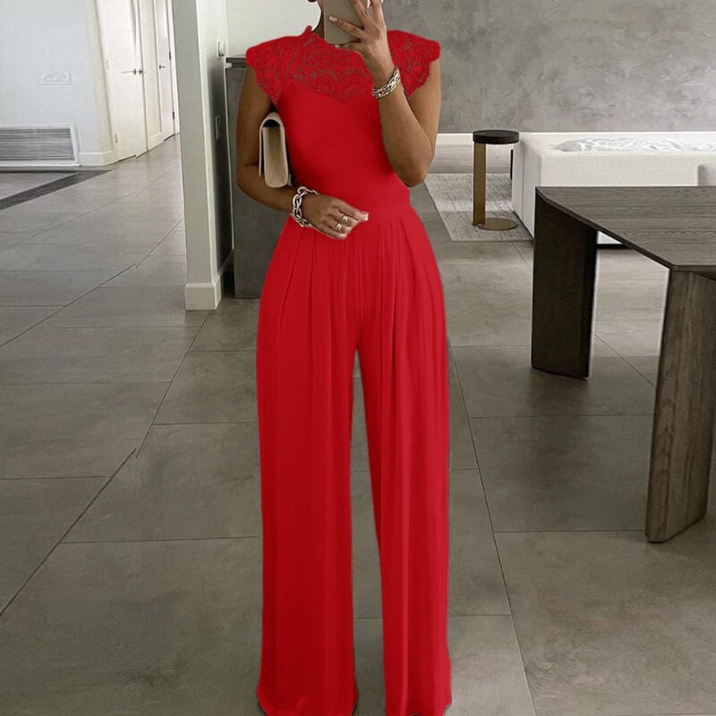 Sexy Hollow Out Sleeveless Women Jumpsuit 2021 Summer Lady Solid Office Lady Top Fashion Embroidery Lace Loose Wide Leg Romper