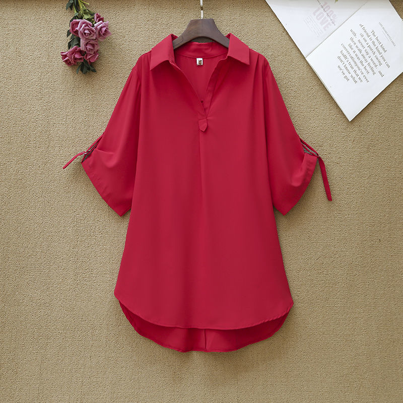 Plus Size Women Solid color Loose Blouse Short Sleeve Turn-Down Collar Button Shirts Chic Oversized Casual Office Mid-length top