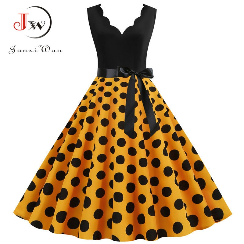 Polka Dot Print Vintage Women Summer Dress Black Patchwork Sleeveless V neck Elegant Party Dresses Casual Robe Midi