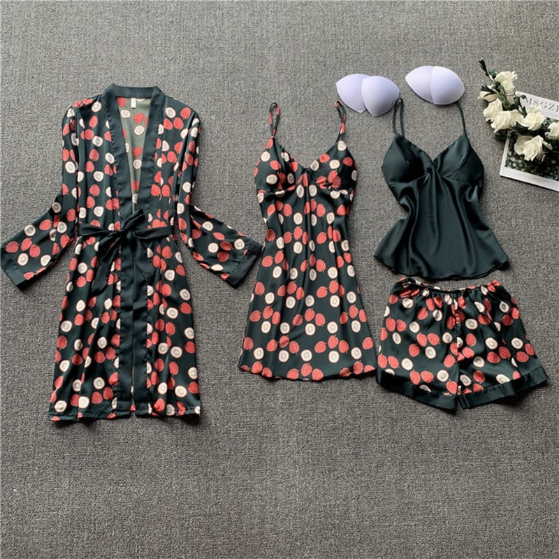 Pajamas for Women Pijama Mujer 4 Piece Set Sexy Ladies Pyjama Sleepwear Women Pajama Sets Sleep Lounge with Chest Pads Home Wear