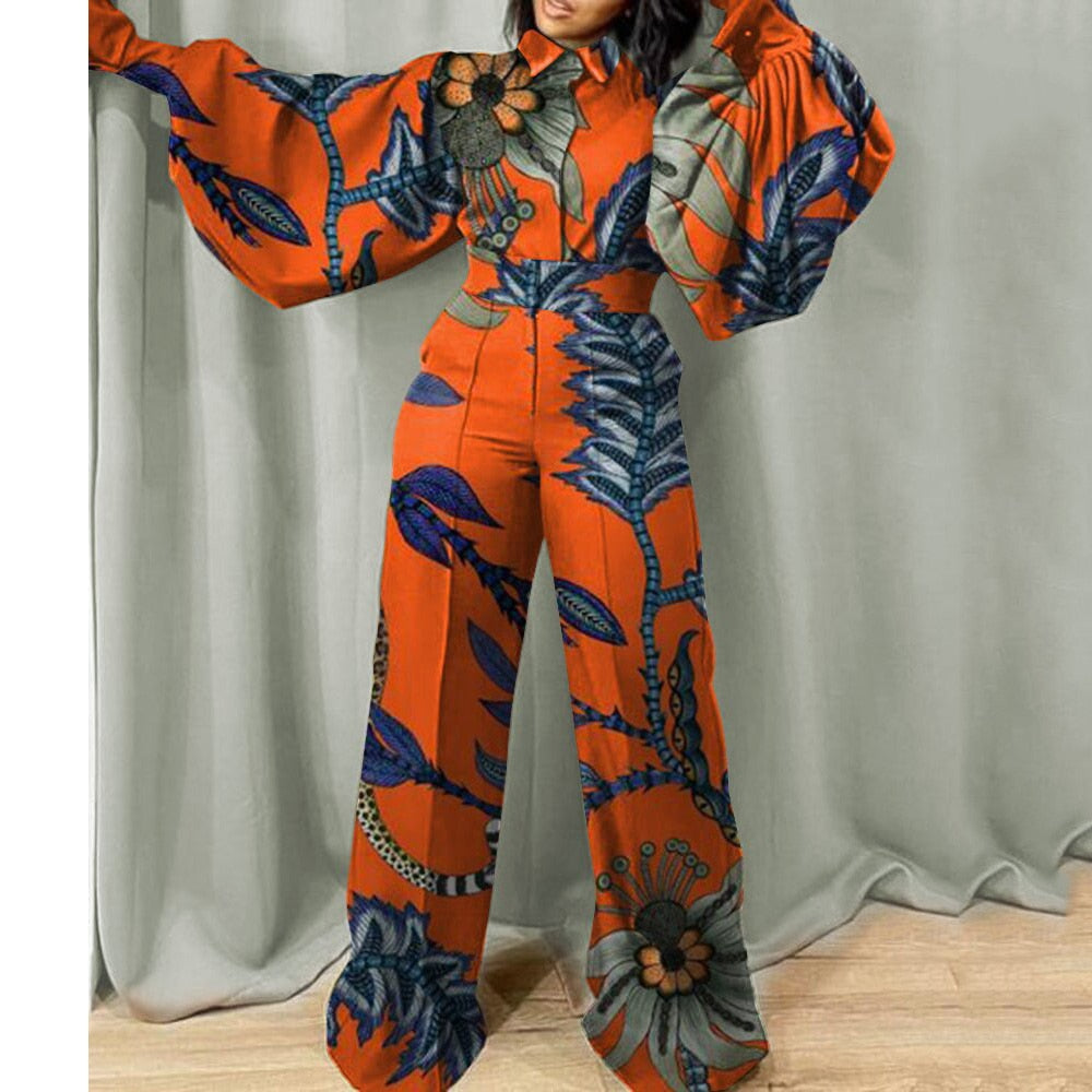 New Autumn Jumpsuits for Women&#39;s Orange Printed High Waisted Lantern Sleeve Fashion Elegant High Street Wear Long Rompers Cloth