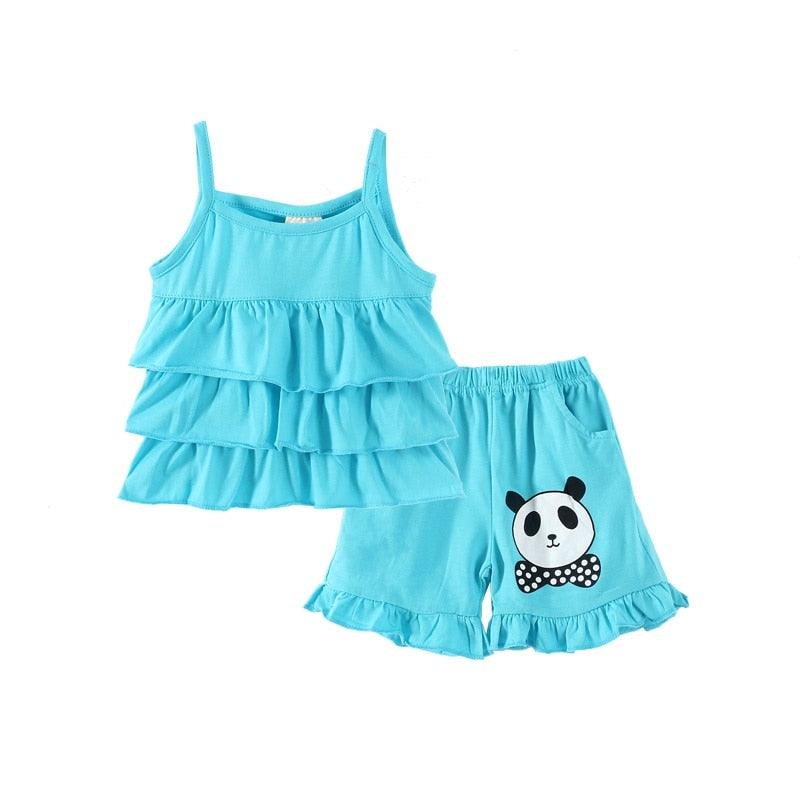 Mudkingdom Cute Girls Outfits Panda Print Ruffle Tank Tops and Shorts Set for Kids Clothes Solid Sleeveless Short Pant Suit Sale