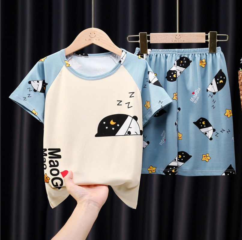 The New Casual Kids Short Sleeve Pajama Set Children Clothing Summer Boys Girls Home Clothes Tops+Shorts Suit Costumes