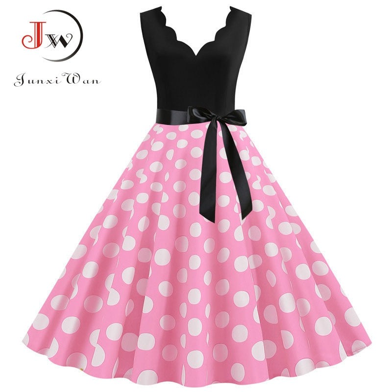 Polka Dot Print Vintage Women Summer Dress Black Patchwork Sleeveless V neck Elegant Party Dresses Casual Robe Midi