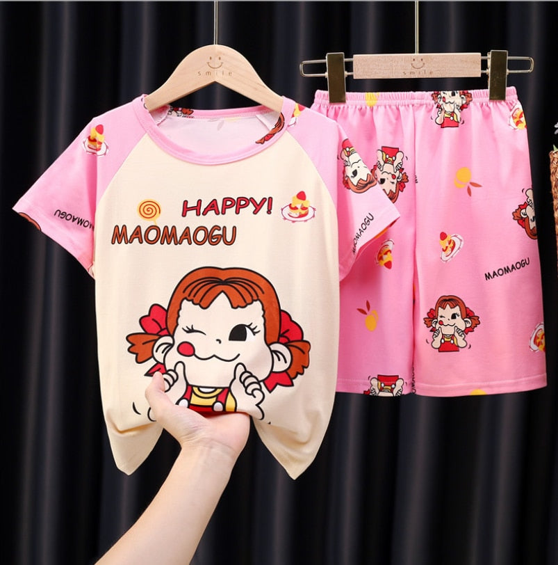 The New Casual Kids Short Sleeve Pajama Set Children Clothing Summer Boys Girls Home Clothes Tops+Shorts Suit Costumes