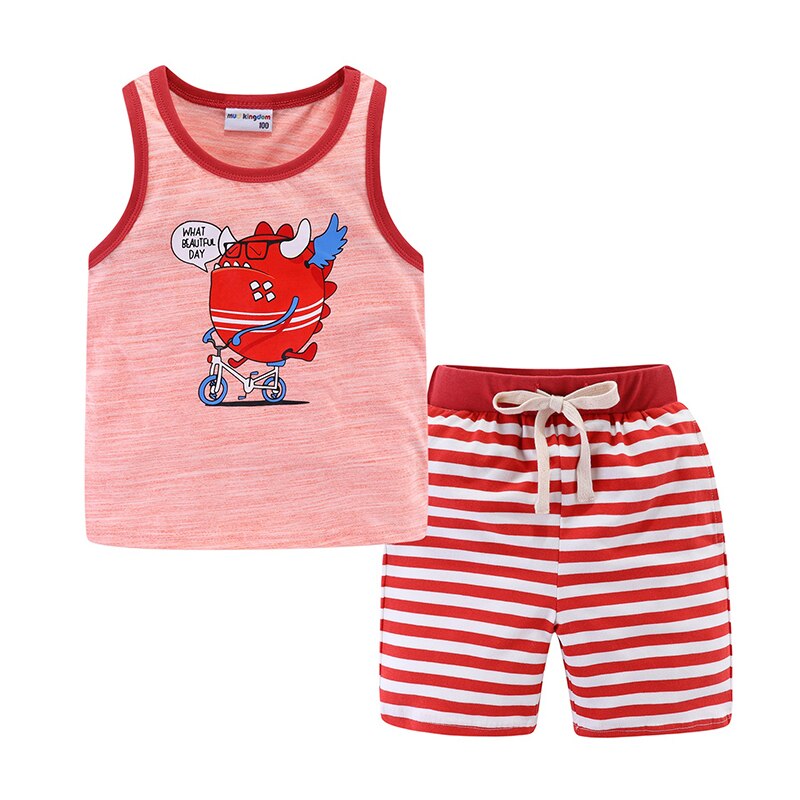 Mudkingdom Summer Boys Outfits Cartoon Sleeveless Casual Tank Tops and Striped Shorts Set for Boys Clothes Cotton Kids Suit