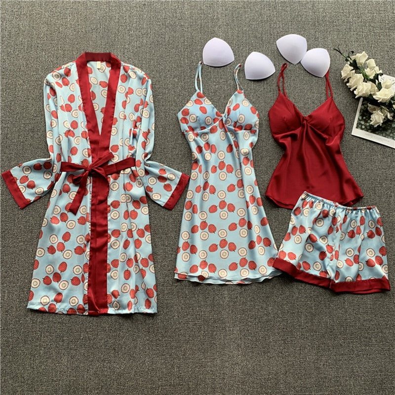 Pajamas for Women Pijama Mujer 4 Piece Set Sexy Ladies Pyjama Sleepwear Women Pajama Sets Sleep Lounge with Chest Pads Home Wear