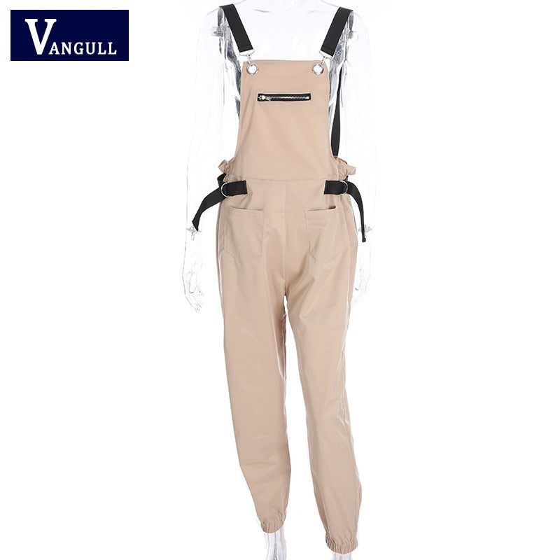 Vangull INS Style Trend New Loose Solid Women Jumpsuits Elegant Long Sling Ladies Cargo Pants High Waist Zipper Pocket Jumpsuit