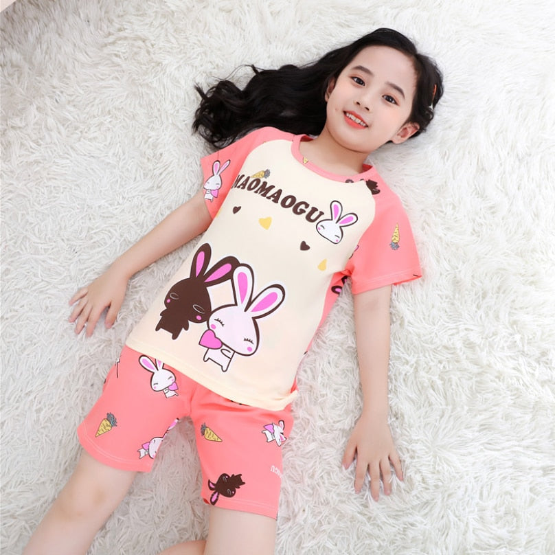 The New Casual Kids Short Sleeve Pajama Set Children Clothing Summer Boys Girls Home Clothes Tops+Shorts Suit Costumes