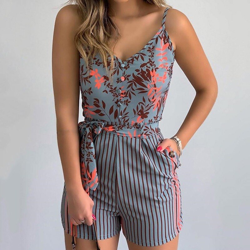 Women&#39;s Summer Print Jumpsuit Short Pants Casual Slim Bandage V-Neck Beach Rompers Sleeveless Bodysuit Sexy Playsuit