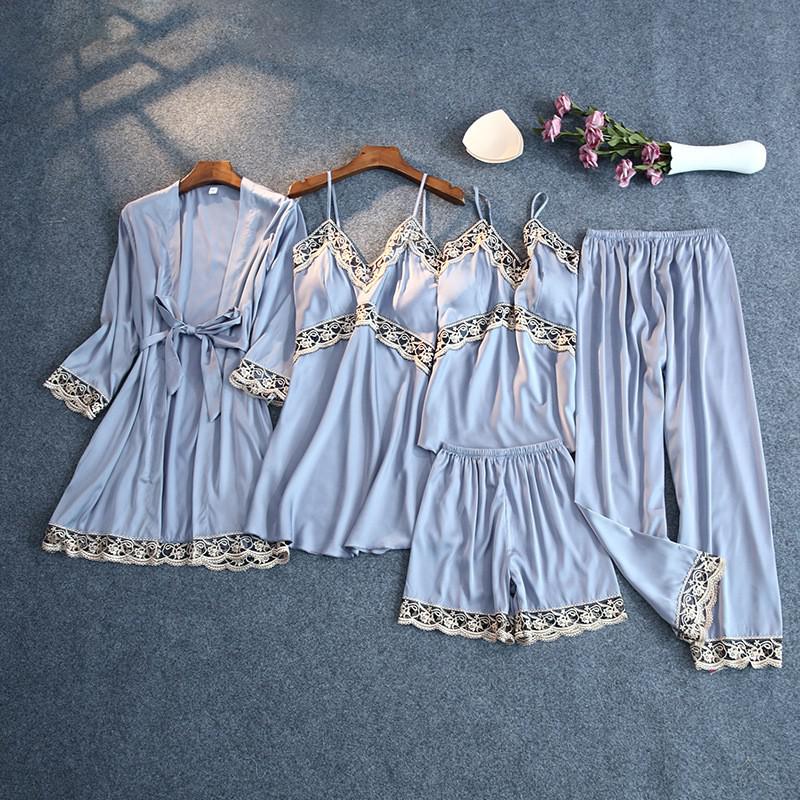 Print Pajamas Set Silky Women 5 Piece Sleepwear Satin Lace Sleep Pyjama Lounge with Belt Chest Pads Sexy Strap Home Nightwear