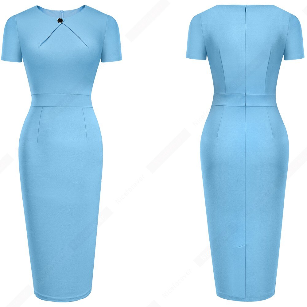 Women Summer Office Solid Color Round Neck Button Lady Slim Fitted Pencil Dress HB640