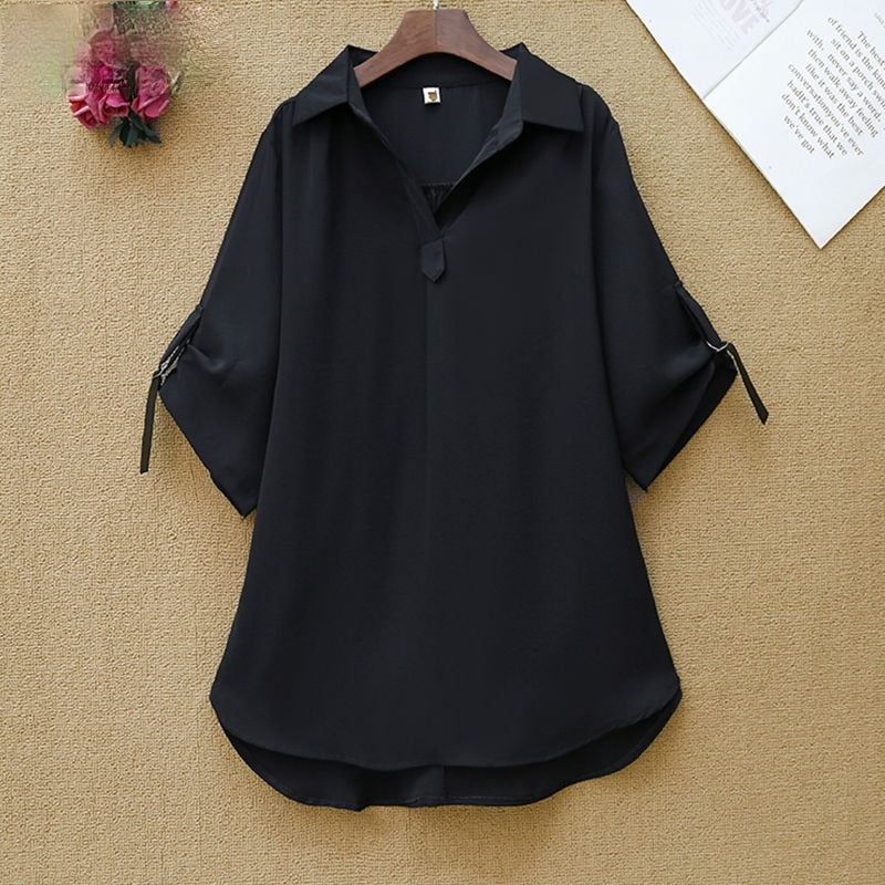 Plus Size Women Solid color Loose Blouse Short Sleeve Turn-Down Collar Button Shirts Chic Oversized Casual Office Mid-length top