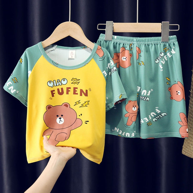 The New Casual Kids Short Sleeve Pajama Set Children Clothing Summer Boys Girls Home Clothes Tops+Shorts Suit Costumes