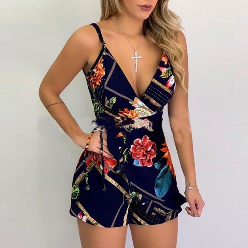 Sexy V-neck Spaghetti Strap Floral Print Women Short Romper Playsuit Female Beach Ruffle Sleeveless 2021 Fashion Casual Jumpsuit