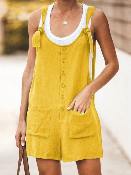 Summer Women Sleeveless Overalls Elegant Jumpsuits Romper Casual Vintage Ladies Short Pants Cotton and linen Wide Leg Pants