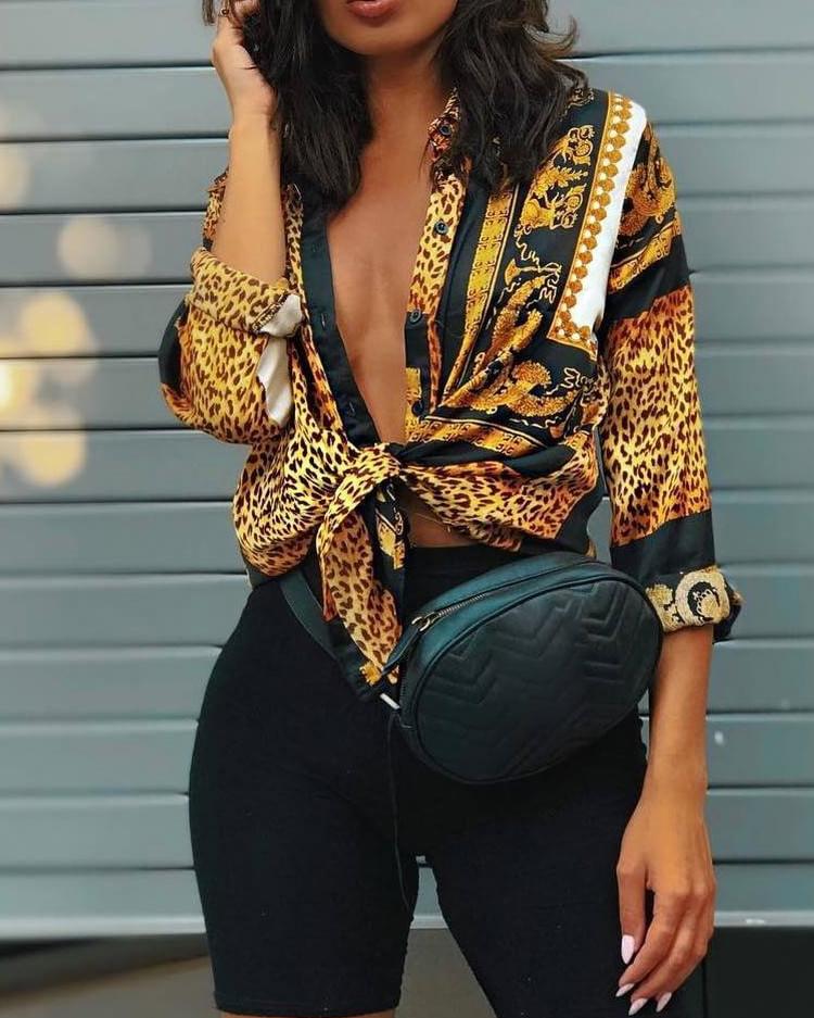 2021 Spring Women Elegant Party Loose Button Shirt Turn-down Collar Female Leopard Print Knot Front Long Sleeve Blouse