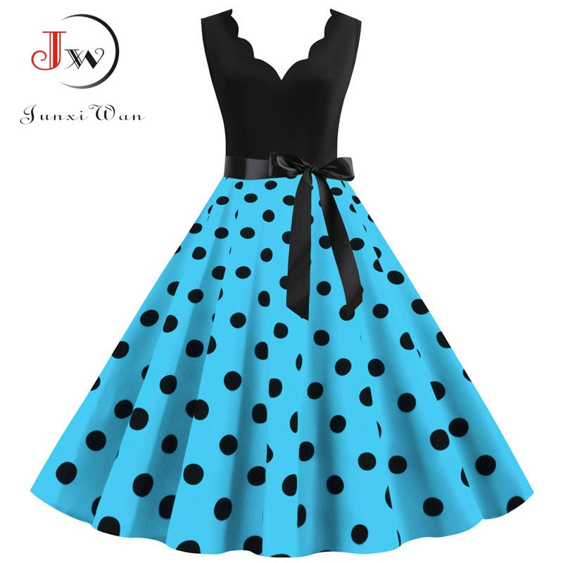 Polka Dot Print Vintage Women Summer Dress Black Patchwork Sleeveless V neck Elegant Party Dresses Casual Robe Midi