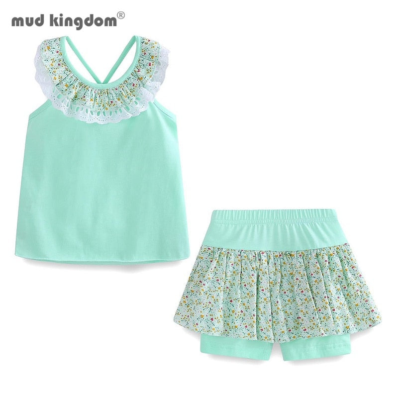 Mudkingdom Floral Summer Girls Outfits Backless Flower Cold Shoulder Tops and Skirted Short Clothes Set for Girls Beach Holiday