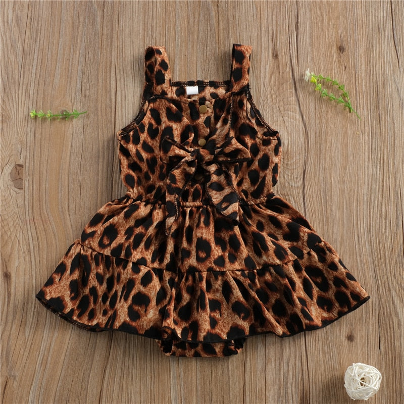 2021 Summer Lovely Infant Baby Girls Romper Dress Leopard Print Ruffles Sleeveless Bowknot Jumpsuits 0-18M