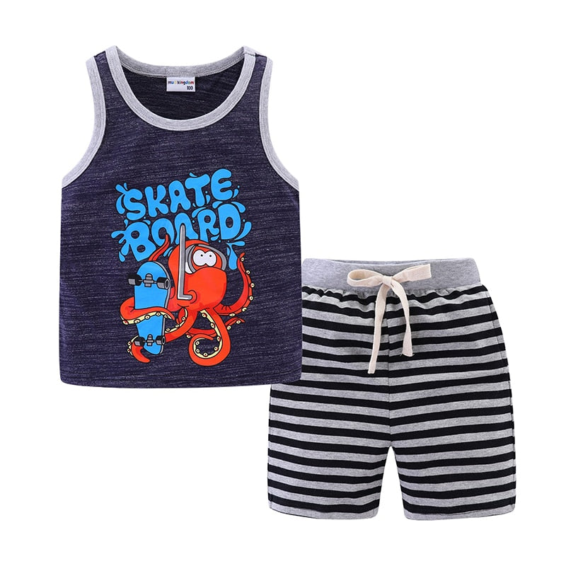 Mudkingdom Summer Boys Outfits Cartoon Sleeveless Casual Tank Tops and Striped Shorts Set for Boys Clothes Cotton Kids Suit