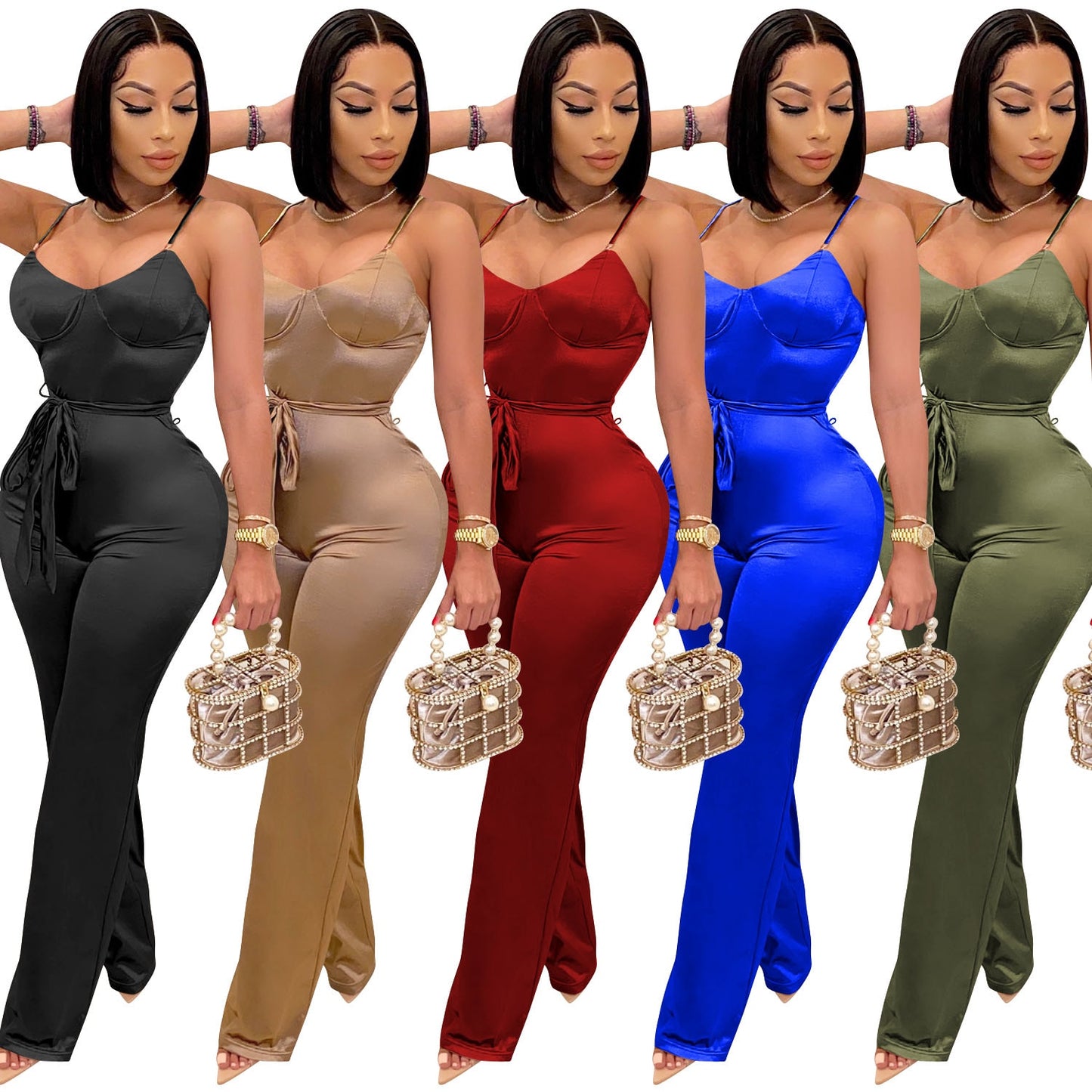 Cutubly Elegant Glossy Women Jumpsuits And Rompers Solid Sexy Jumpsuits Fashion Belt Spaghetti Strap Jumpsuits Club Wear