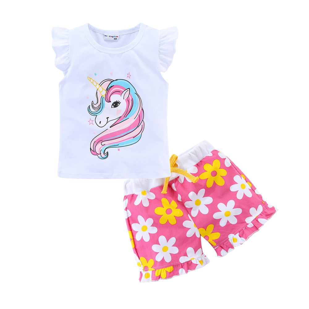 Mudkingdom Flower Summer Holiday Girls Outfits Unicorn Cartoon Mermaid Clothes Set for Girls Floral Short Clothes Suit Kids