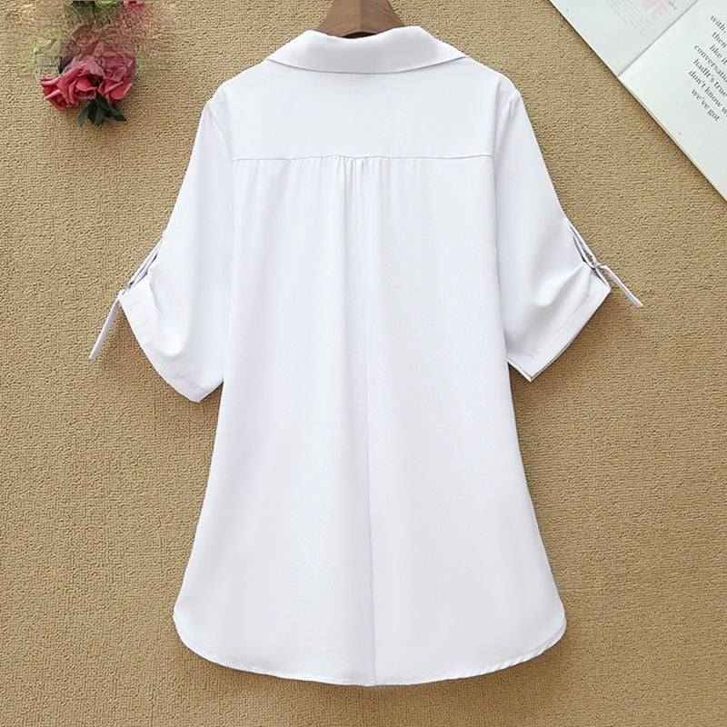 Plus Size Women Solid color Loose Blouse Short Sleeve Turn-Down Collar Button Shirts Chic Oversized Casual Office Mid-length top