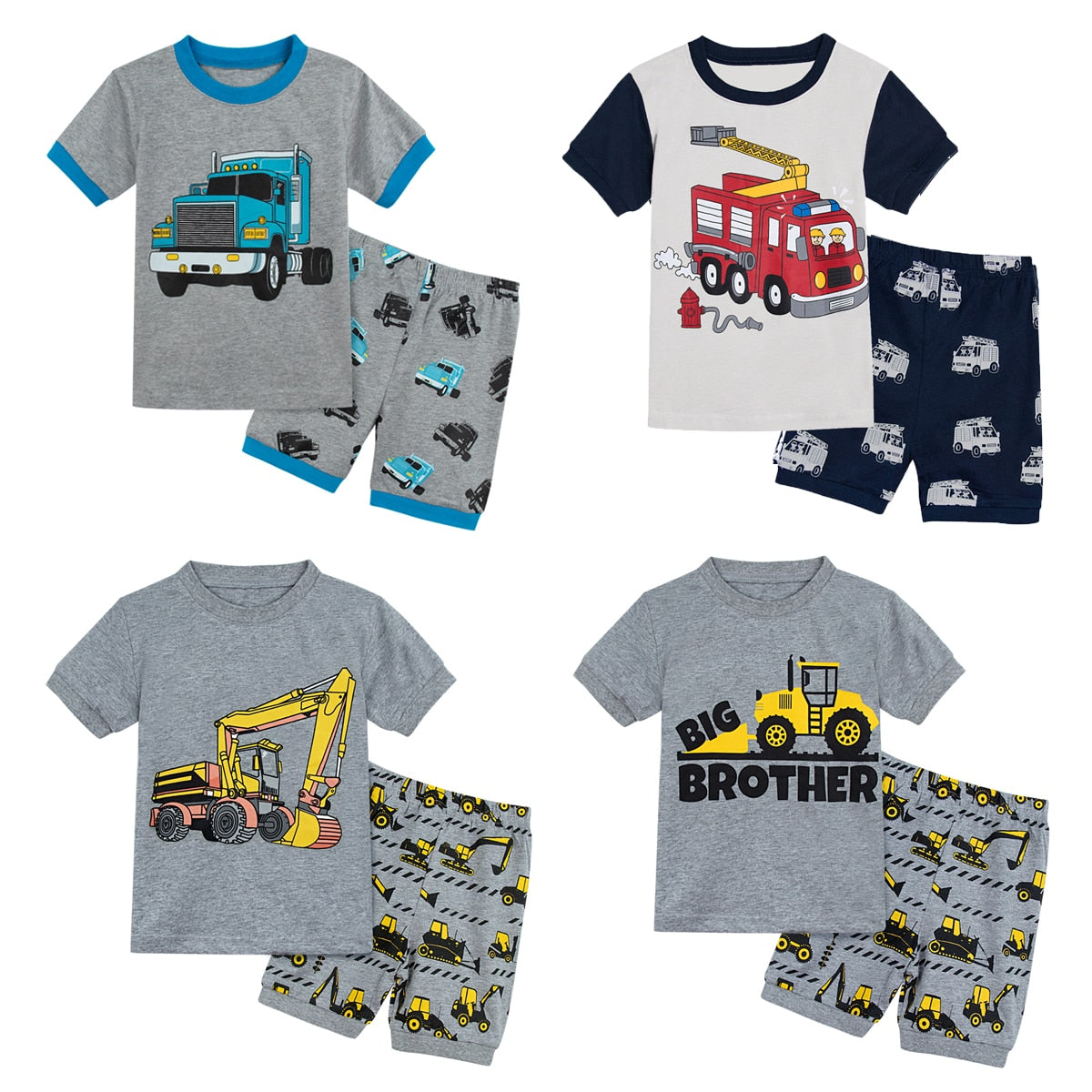 Kids Boys Girl Pajamas Set Toddler Unicorn Fireman Police Loungewear Children Cartoon Excavator Fire Truck Sleepwear Summer 2PCS