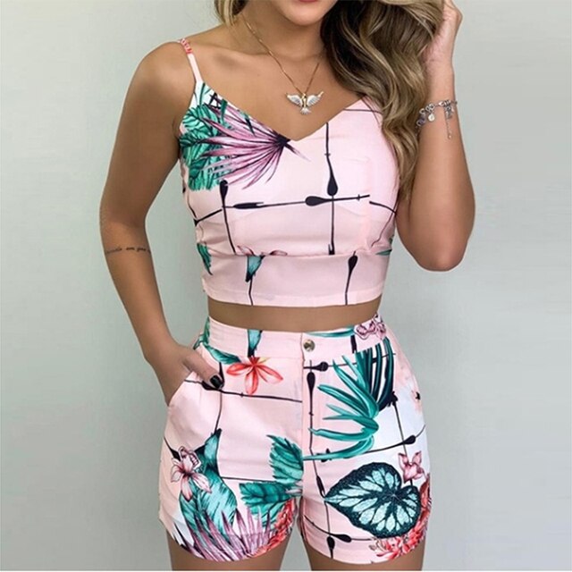 Fashion Women Shorts Suits 2 Pieces Sets Summer Office Lady Floral Strap Tank Crop Top+High Waist Button Shorts Female Outfits