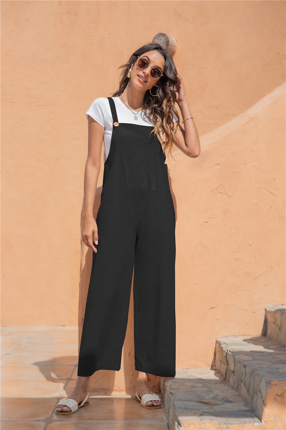 Overalls For Women Spaghetti Strap Long Playsuit Vintage Wide Leg Casual Rompers 2022 Spring Black Jumpsuits With Pocket